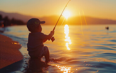 Multiracial Little Boy Fishing by the Water