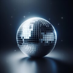 Fototapeta na wymiar Silver mirror ball in disco style on a dark background with stars.