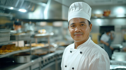 Portrait d'un chef cuisinier dans sa cuisine de restaurant asiatique - obrazy, fototapety, plakaty