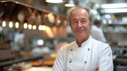 Portrait d'un chef cuisinier dans sa cuisine de restaurant français - obrazy, fototapety, plakaty