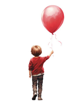 The boy is holding a red balloon. An isolated image on a transparent background. Rear view