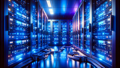 In a high-tech symphony of blue, the modern data center hums with the energy of countless servers, a digital fortress safeguarding the lifeblood of our interconnected world. - obrazy, fototapety, plakaty
