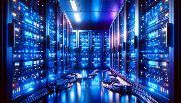 Data Center Server Racks with Blue LED Lighting in Modern Cloud Infrastructure Facility