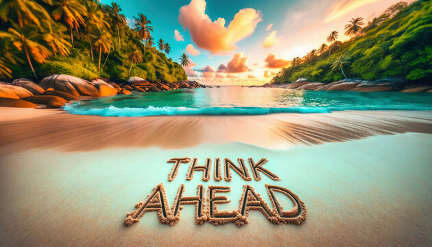 Inspirational message in the sand of a tropical beach. Golden sunset hues bathe a serene tropical beach with "THINK AHEAD" etched in sand, framed by palms and a calm ocean under a pastel sky.