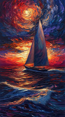 The painting is a sailboat in the ocean. - obrazy, fototapety, plakaty