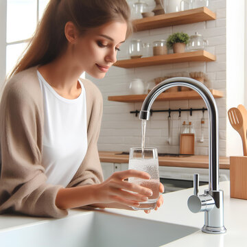 Woman filling glass with tap water from faucet in white kitchen