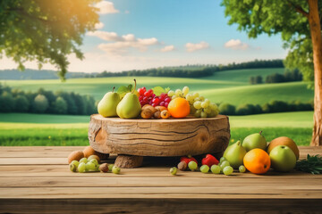 summer garden displayed an array of tropical fruits on the wooden table, their vibrant colors and...