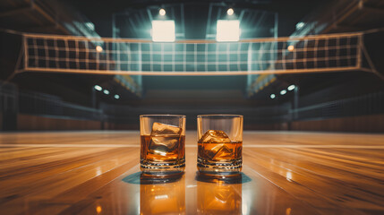 Cinematic wide angle photograph of two whisky glasses at a volleyball stadium. Product photography.