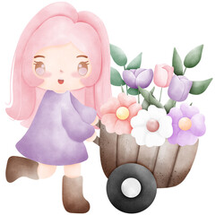 Little pink girl and flowers cart