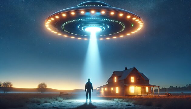 Twilight Abduction: Lone Figure and UFO at Dusk