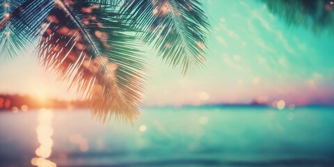 Tropical beach landscape. Design banner background. Coconut palm tree over blurry ocean. Panoramic view. - obrazy, fototapety, plakaty