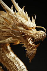 3d render of golden dragon head on black.