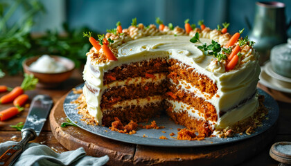 Easter carrot cake decorated with cream cheese  and mini marzipan carrots