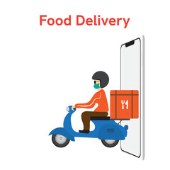 Fast delivery by scooter on mobile. E-commerce concept. Online food order infographic. Webpage, app design. white background. Perspective vector illustration EPS 10.