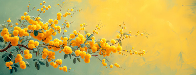 Vibrant Yellow Mimosa Blooms on Branch. Spring blossom