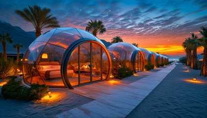 Papier Peint photo Paysage Modern igloo tents designed for luxury desert camping, set against a twilight sky filled with stars.Geodesic domes.