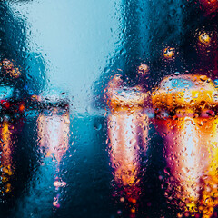 View through a glass window with raindrops on city streets with cars in the rain, bokeh of colorful...