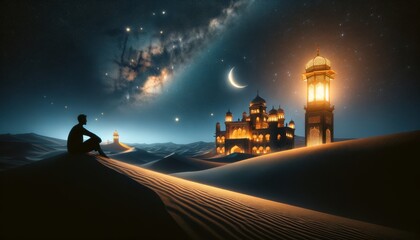 the silhouette of a person sitting on a sand dune while looking up at the stars illuminated by a lantern