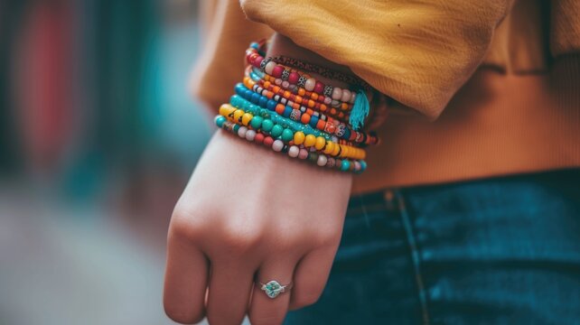 Close-up of a woman's wrist, decorated with many colorful authentic beaded bracelets and ribbons