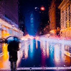 View through a glass window with raindrops on a blurred silhouette of a girl on a autumn city street after rain against the bokeh of city lights, night street scene. Focus on raindrops on glass	