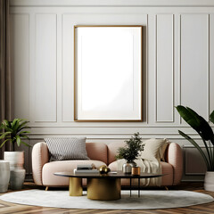 Mockup poster frame on the wall of living room. Luxurious apartment background with contemporary design. Modern interior design. 3D render, 3D illustration.