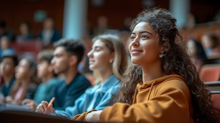 A vibrant university lecture hall with students of various ethnicities engaging in learning. Accessibility, diversity, and equality in education. AI Generated