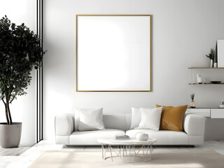 Mockup poster frame on the wall of living room. Luxurious apartment background with contemporary design. Modern interior design. 3D render, 3D illustration.