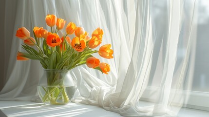 Sunlit orange tulips in a clear vase add freshness to a cozy window setting