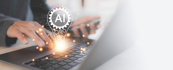 businessman using Ai technology in business by artificial intelligence,  smart robot AI, Futuristic technology transformation, using AI technology for developing running business on cloud computing