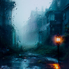 view through glass covered with raindrops onto the street of a small European town covered in...