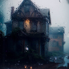 view through glass covered with raindrops onto the street of a small European town covered in morning fog. focus on raindrops