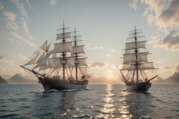 Mesmerizing scene with classical old sailing ships come alongside sailing the sea at sunset - obrazy, fototapety, plakaty