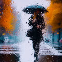 View through a glass window with raindrops on a broken silhouette of a girl with an umbrella walking along after rain ,  Focus on raindrops on glass	