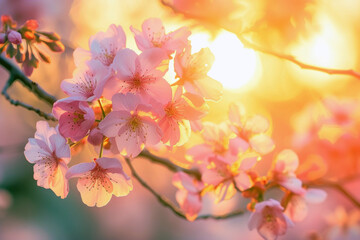 A cherry blossom with delicate pink petals on a softly blurred background