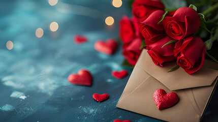 Bouquet of red roses, envelope and hearts on blue background. Valentine's day concept.