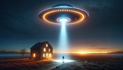Fototapeta na wymiar Twilight Abduction: Lone Figure and UFO at Dusk