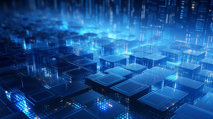 Obraz premium A 3D digital network of glowing blue blocks