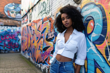 Naklejka premium A curly-haired girl stands in front of a bright graffiti wall