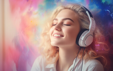 Happy young woman enjoying music listening through headphones.
