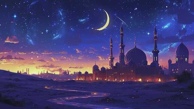 Animation of islamic background. Mosque with crescent moon and stars at night in the desert animated. Holy place for muslim worship with many twinkle and falling stars at sky. Generative AI