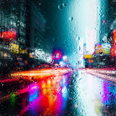 View through a glass window with raindrops on city streets with cars in the rain, bokeh of colorful...