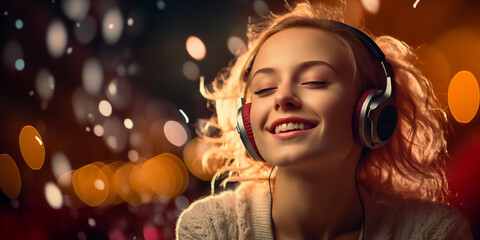 Happy young woman enjoying music listening through headphones.
