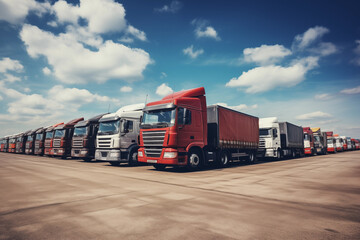 Naklejka premium Logistic cargo shipping trucks parked in row at the parking lot are used for freight truck logistics