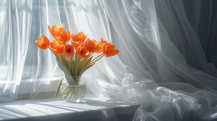 Sunlit orange tulips in a clear vase add freshness to a cozy window setting