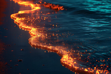 Glowing waters are on the edge of a dark beach.