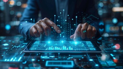 Businessman working on table, creating data analytics, checking SEO instruments, developing profitable working strategy for project promotion