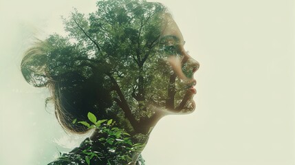 Mindful Fusion: Woman merges with nature in stunning double exposure. Explore the wilderness within. Unlock your inner green paradise.