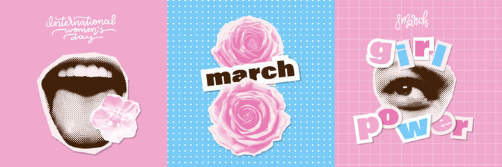 March 8 international women's day halftone collage cards set. Trendy Girl power concept. Vector illustrations. Typography banners. Background for a poster, t-shirt or banner. - obrazy, fototapety, plakaty