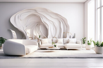 Luxurious living room interior with a beige sofa and artwork. modern  white with a sofa.