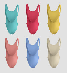 Bright sports swimwear template 3D rendering, back view, round neck mokini for design, branding. Set